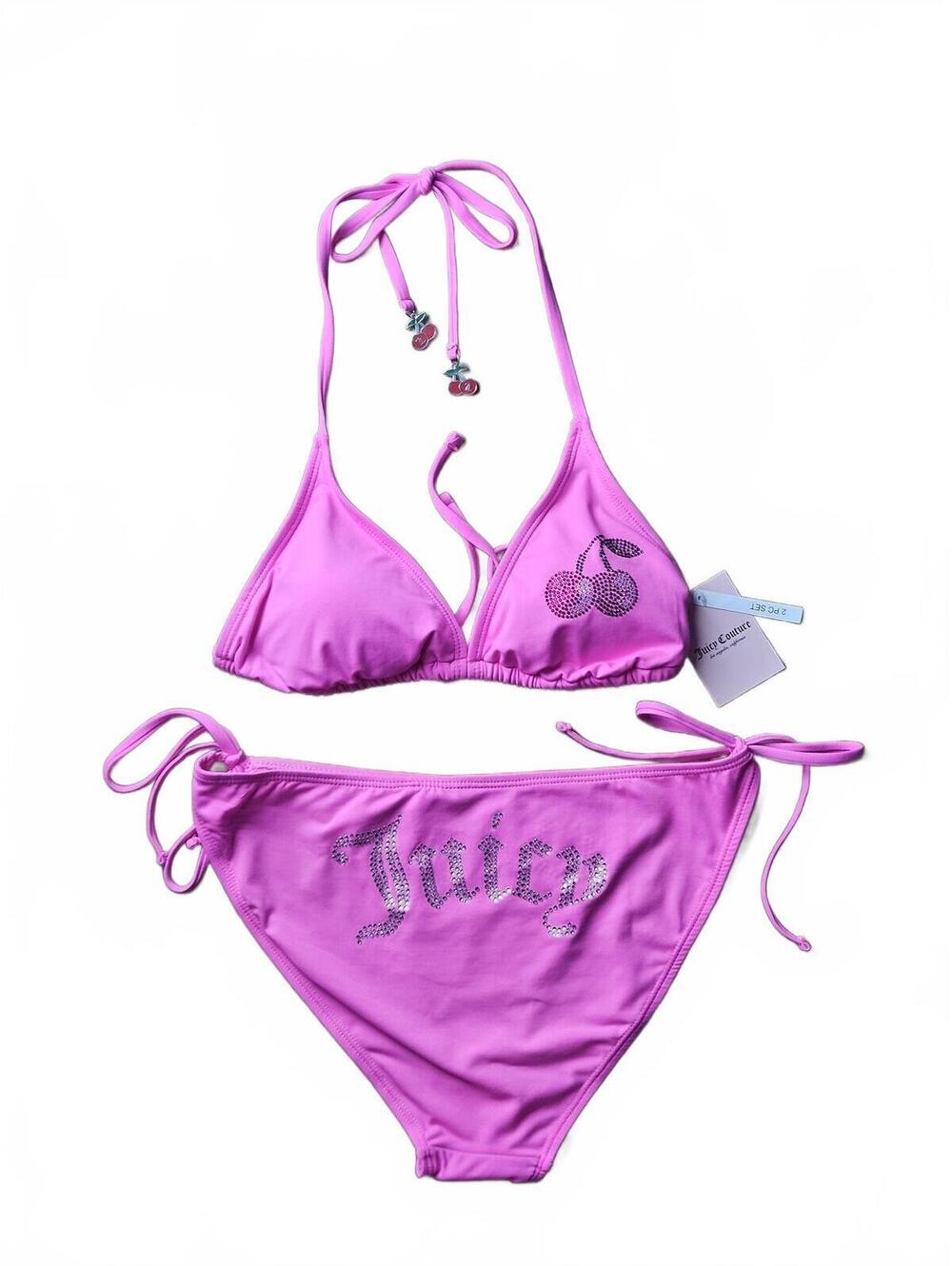 Juicy Couture Rhinestone Cherry Bikini 2 piece Set Pink Size Large NWT Y2K E/32